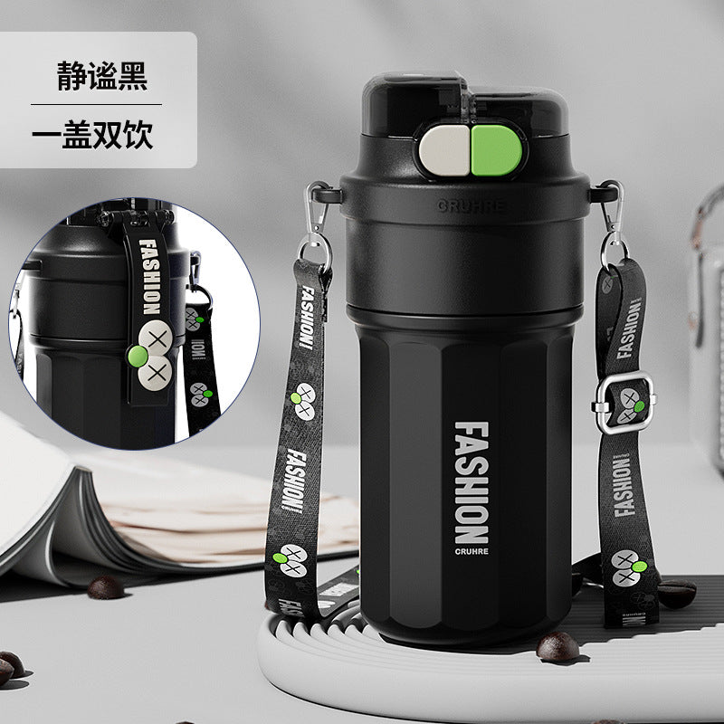 Large Capacity Portable Coffee Thermos Cup – Double-Drink Summer Straw Mug for Students