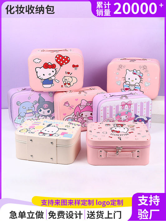Cartoon Kids Cute Cosmetic Bag Sanrio Travel Portable Large Capacity Mirror Cosmetic Case Cosmetic Storage Box