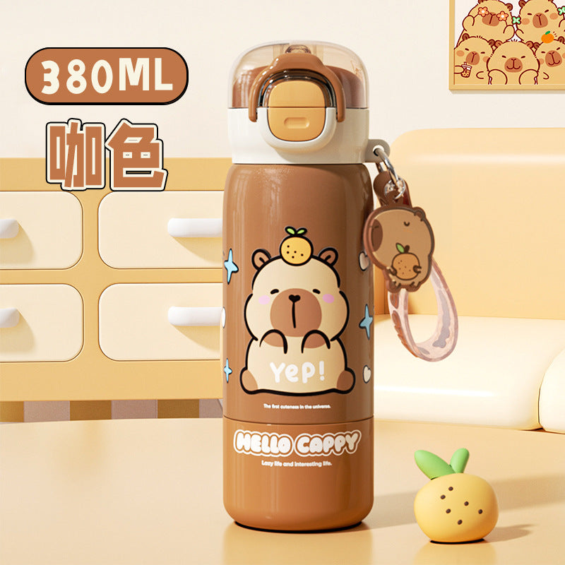 Capybara Kids Stainless Steel Thermos Cup 316 – Double-Drink Portable Cup with Carry Ring