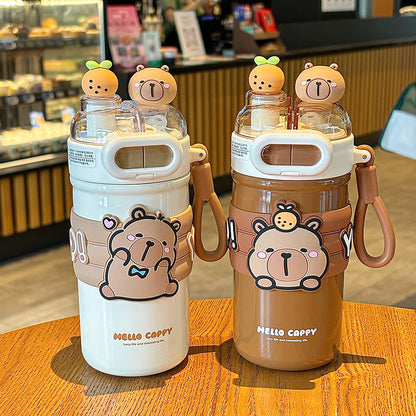 Capybara Cartoon Thermos Cup 316 Stainless Steel – Double-Drink Kids Insulated Cup with Lock Buckle