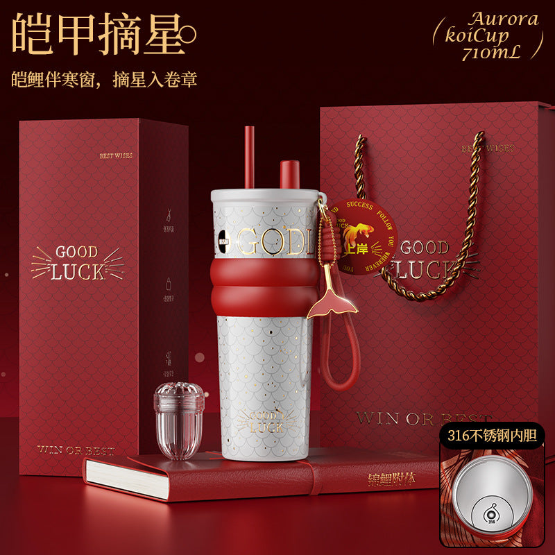 Ceramic Liner Straw Thermos Cup – Large Capacity Car & Travel Mug with Sturdy Carry Ring