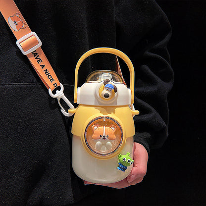 Space Capsule Straw Cup – Large Capacity Kids & Couple Water Bottle with Universal Strap