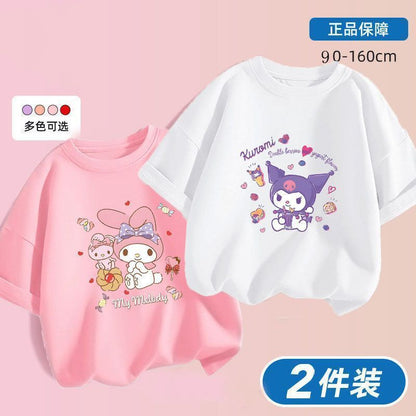Kuromi x Melody Girls Summer Cotton T‑Shirt Set – Sweet Cartoon Short Sleeve Twin Pack