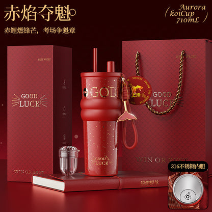 Ceramic Liner Straw Thermos Cup – Large Capacity Car & Travel Mug with Sturdy Carry Ring