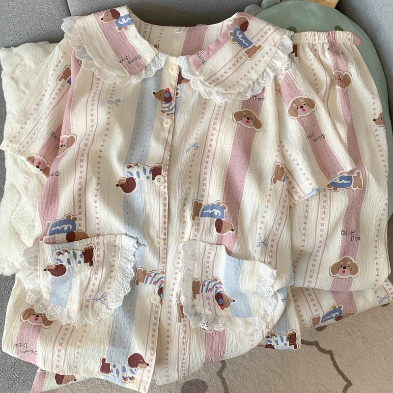Crayon Shin-chan Pajama Set — Plus Size Lace Doll Collar Three-Piece Loungewear | Short Sleeve Top + Shorts + Long Pants Soft Cloud Cotton Sleepwear for Women & Men Spring Summer 2025