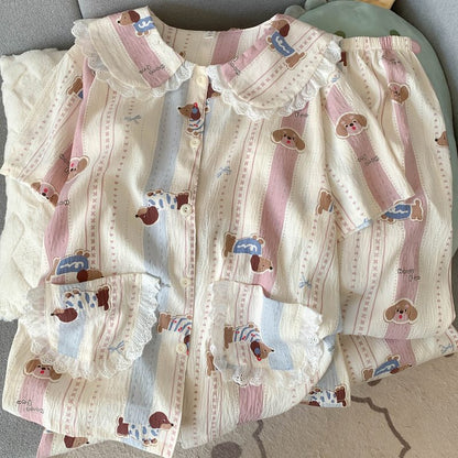 Crayon Shin-chan Pajama Set — Plus Size Lace Doll Collar Three-Piece Loungewear | Short Sleeve Top + Shorts + Long Pants Soft Cloud Cotton Sleepwear for Women & Men Spring Summer 2025