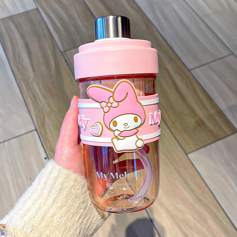 Sanrio Cartoon Plastic Water Cup with Straw – Trendy Fruit Tea Design, Large Capacity Sports Cup