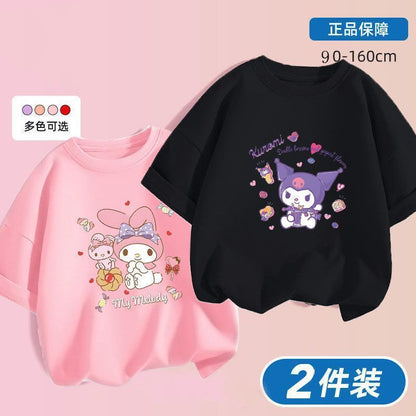 Kuromi x Melody Girls Summer Cotton T‑Shirt Set – Sweet Cartoon Short Sleeve Twin Pack