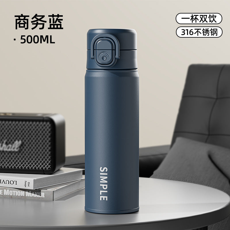 Fashionable Silk-Screen Thermos Cup – Double-Drink Lock Design with Silicone Spout