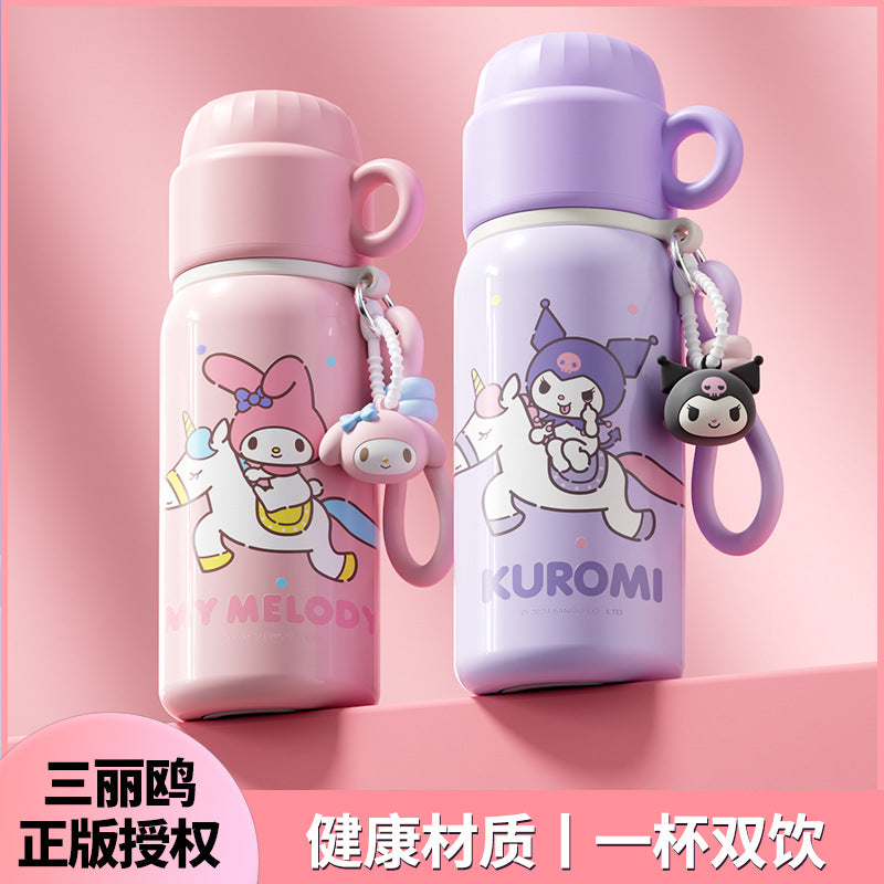 Sanrio Family Cartoon Thermos Cup – Silk-Screen Double-Drink Mug with Rope Strap, Portable