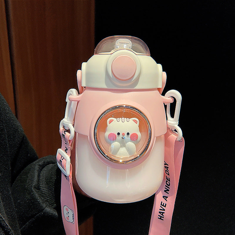Space Capsule Straw Cup – Large Capacity Kids & Couple Water Bottle with Universal Strap