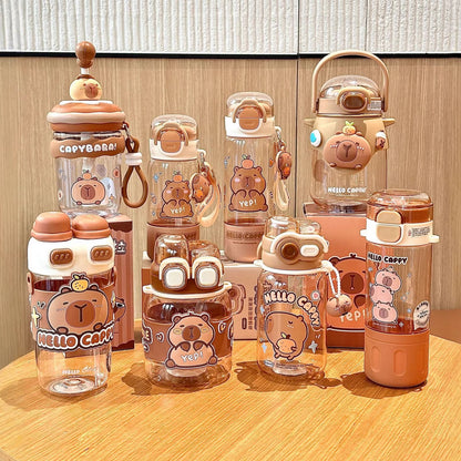 Capybara Double-Drink Plastic Cup – Pop Lid Kids Cartoon Straw Cup, Portable Girls Water Bottle