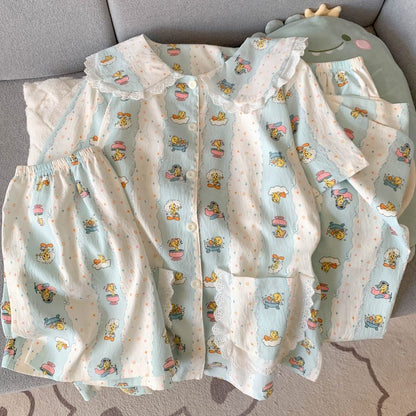 Crayon Shin-chan Pajama Set — Plus Size Lace Doll Collar Three-Piece Loungewear | Short Sleeve Top + Shorts + Long Pants Soft Cloud Cotton Sleepwear for Women & Men Spring Summer 2025