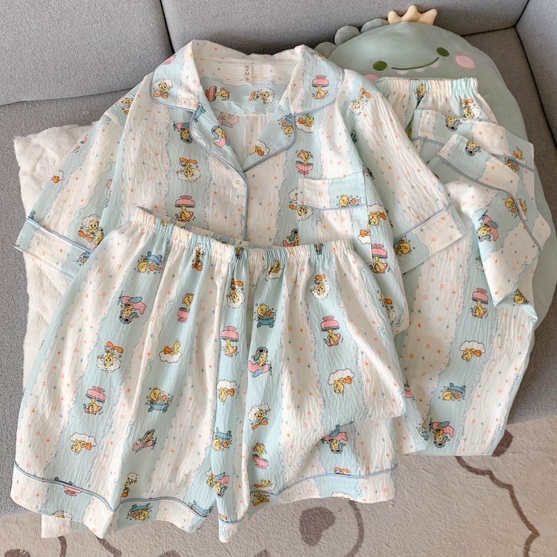 Crayon Shin-chan Pajama Set — Plus Size Lace Doll Collar Three-Piece Loungewear | Short Sleeve Top + Shorts + Long Pants Soft Cloud Cotton Sleepwear for Women & Men Spring Summer 2025