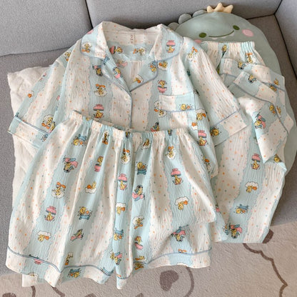 Crayon Shin-chan Pajama Set — Plus Size Lace Doll Collar Three-Piece Loungewear | Short Sleeve Top + Shorts + Long Pants Soft Cloud Cotton Sleepwear for Women & Men Spring Summer 2025