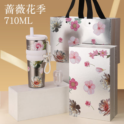 Floral Series Pure Titanium Thermos Cup – Large Capacity Silk-Screen Mug with Sturdy Carry Ring