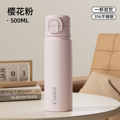 Fashionable Silk-Screen Thermos Cup – Double-Drink Lock Design with Silicone Spout