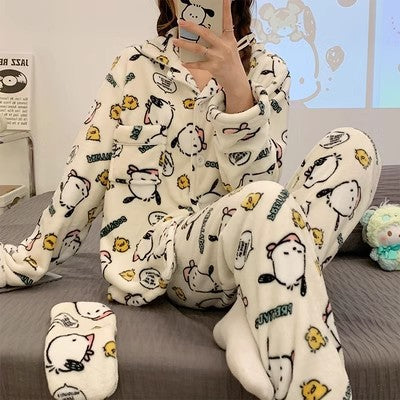 Sanrio Cinnamon Dog Coral Velvet Pajama Set for Women — Plush Flannel Warm Loungewear with Lapel Cardigan and Long Pants, Thickened Autumn Winter Homewear Set