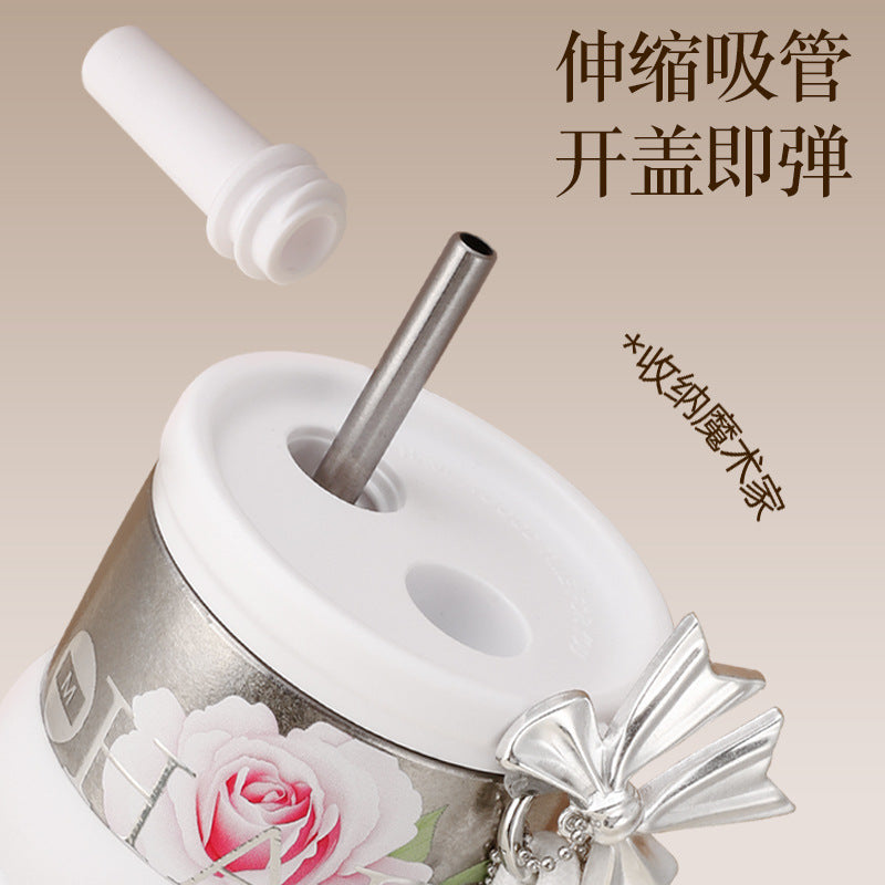 Floral Series Pure Titanium Thermos Cup – Large Capacity Silk-Screen Mug with Sturdy Carry Ring
