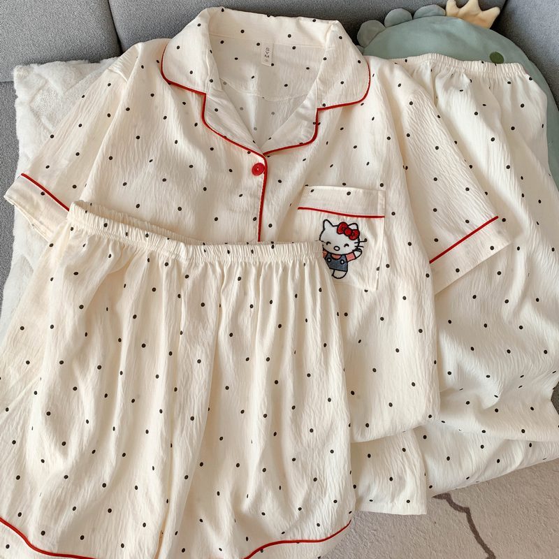 Crayon Shin-chan Pajama Set — Plus Size Lace Doll Collar Three-Piece Loungewear | Short Sleeve Top + Shorts + Long Pants Soft Cloud Cotton Sleepwear for Women & Men Spring Summer 2025