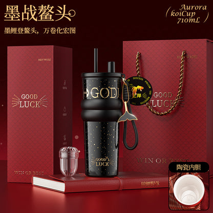 Ceramic Liner Straw Thermos Cup – Large Capacity Car & Travel Mug with Sturdy Carry Ring