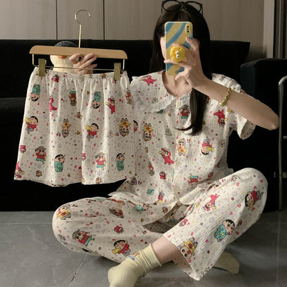 Crayon Shin-chan Pajama Set — Plus Size Lace Doll Collar Three-Piece Loungewear | Short Sleeve Top + Shorts + Long Pants Soft Cloud Cotton Sleepwear for Women & Men Spring Summer 2025
