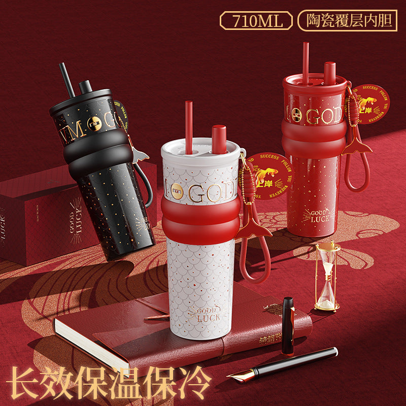 Ceramic Liner Straw Thermos Cup – Large Capacity Car & Travel Mug with Sturdy Carry Ring