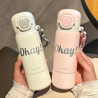 Minimalist Silk-Screen Thermos Cup – Double-Drink Insulated Mug with Rope & Lock Design