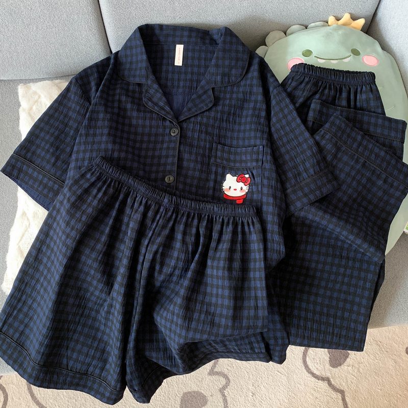 Crayon Shin-chan Pajama Set — Plus Size Lace Doll Collar Three-Piece Loungewear | Short Sleeve Top + Shorts + Long Pants Soft Cloud Cotton Sleepwear for Women & Men Spring Summer 2025
