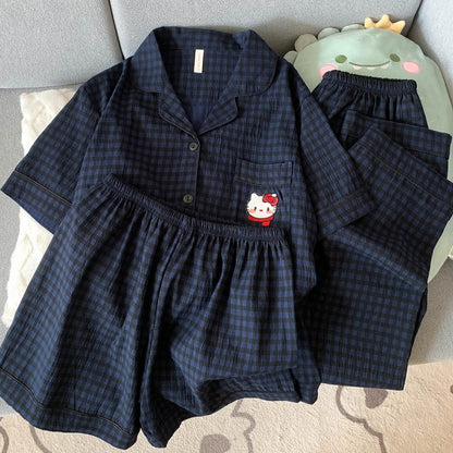 Crayon Shin-chan Pajama Set — Plus Size Lace Doll Collar Three-Piece Loungewear | Short Sleeve Top + Shorts + Long Pants Soft Cloud Cotton Sleepwear for Women & Men Spring Summer 2025