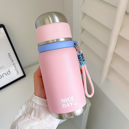 Custom Silk-Screen Thermos Cup 316 – Tea Infuser Design with Carry Ring, Engravable