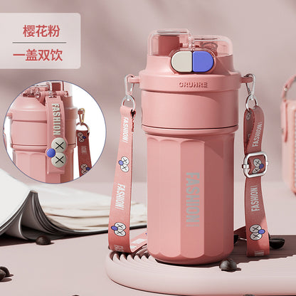 Large Capacity Portable Coffee Thermos Cup – Double-Drink Summer Straw Mug for Students