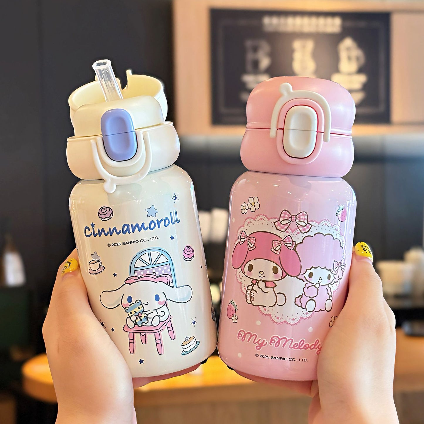 Sanrio Family Cartoon Thermos Cup – Double-Drink Lock Design with Reinforced Carry Ring