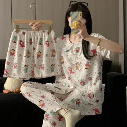 Crayon Shin-chan Pajama Set — Plus Size Lace Doll Collar Three-Piece Loungewear | Short Sleeve Top + Shorts + Long Pants Soft Cloud Cotton Sleepwear for Women & Men Spring Summer 2025