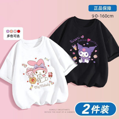 Kuromi x Melody Girls Summer Cotton T‑Shirt Set – Sweet Cartoon Short Sleeve Twin Pack