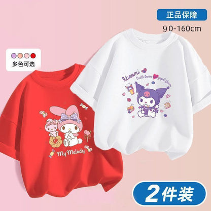 Kuromi x Melody Girls Summer Cotton T‑Shirt Set – Sweet Cartoon Short Sleeve Twin Pack