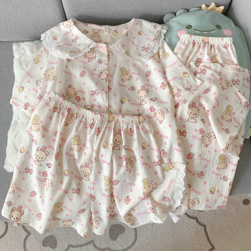 Crayon Shin-chan Pajama Set — Plus Size Lace Doll Collar Three-Piece Loungewear | Short Sleeve Top + Shorts + Long Pants Soft Cloud Cotton Sleepwear for Women & Men Spring Summer 2025