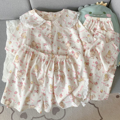 Crayon Shin-chan Pajama Set — Plus Size Lace Doll Collar Three-Piece Loungewear | Short Sleeve Top + Shorts + Long Pants Soft Cloud Cotton Sleepwear for Women & Men Spring Summer 2025