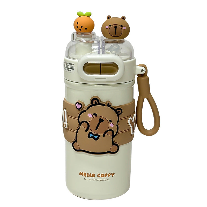 Capybara Cartoon Thermos Cup 316 Stainless Steel – Double-Drink Kids Insulated Cup with Lock Buckle