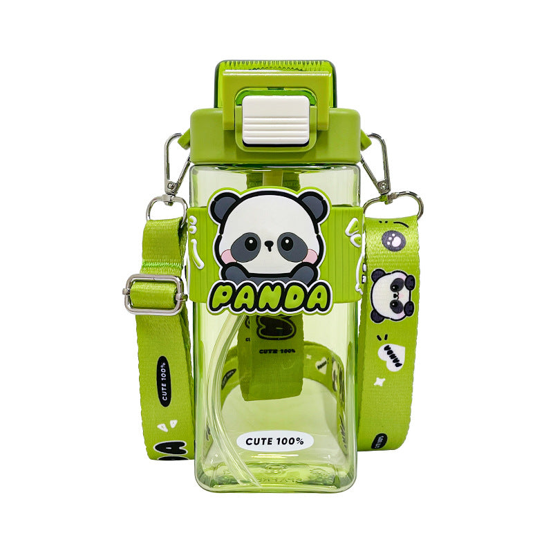 Panda plastic cup high value square straw cup student portable sports water bottle large capacity bullet lid portable cup