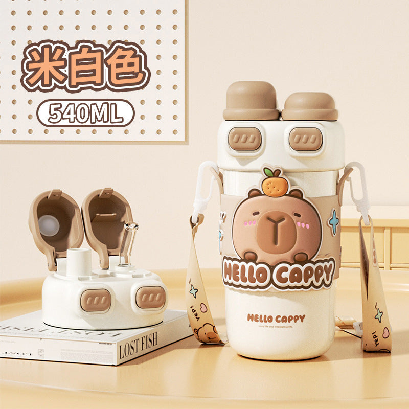 Capybara Cartoon Thermos Cup 316 Stainless Steel – Double-Drink Kids Insulated Cup with Lock Buckle