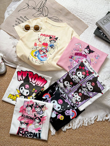 Sanrio Kuromi Girls Cartoon Print Cotton T-Shirt – Short Sleeve Top for Kids