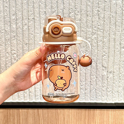 Capybara Double-Drink Plastic Cup – Pop Lid Kids Cartoon Straw Cup, Portable Girls Water Bottle