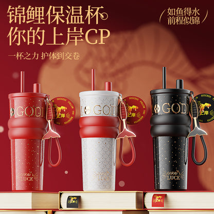 Ceramic Liner Straw Thermos Cup – Large Capacity Car & Travel Mug with Sturdy Carry Ring