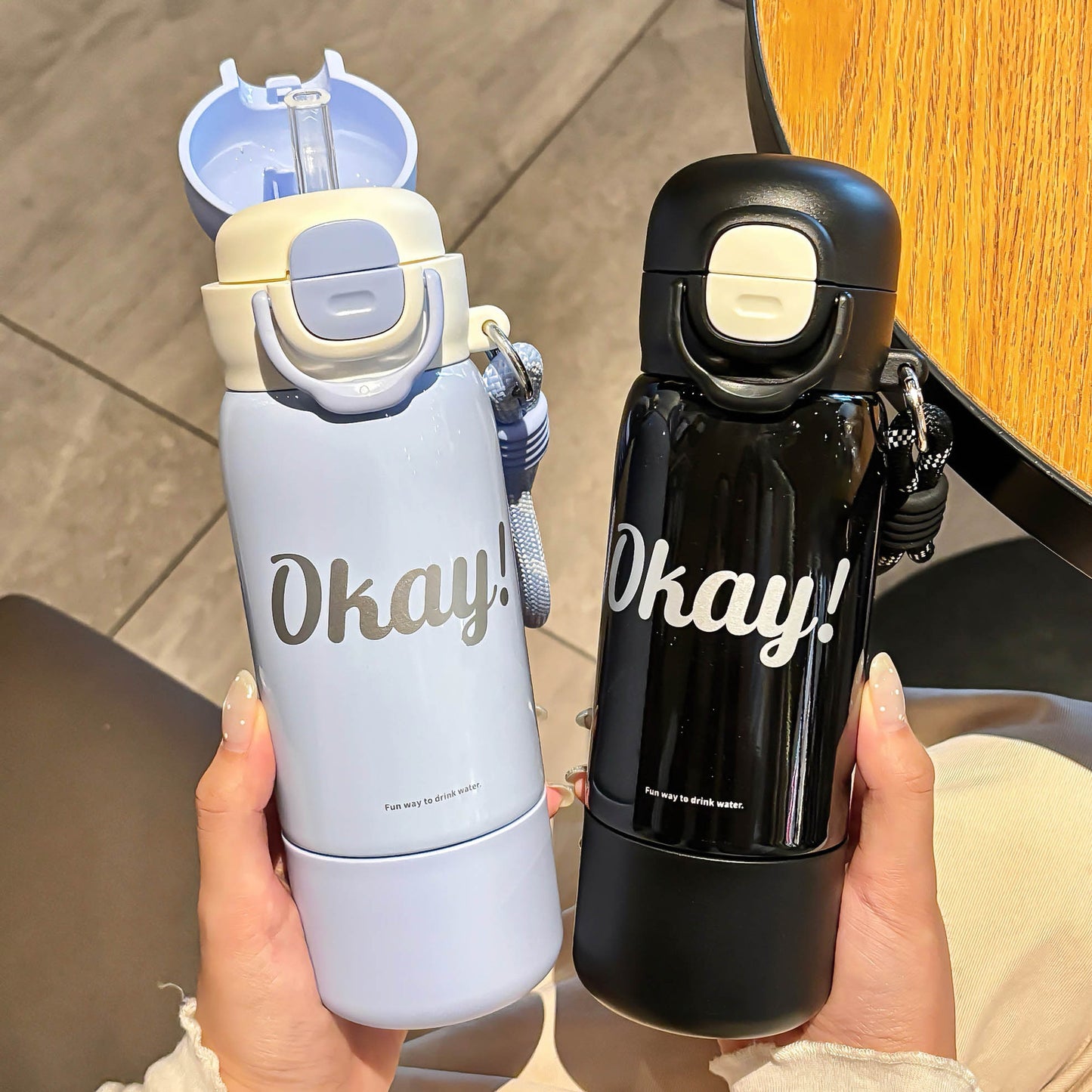 Minimalist Silk-Screen Thermos Cup – Double-Drink Insulated Mug with Rope & Lock Design