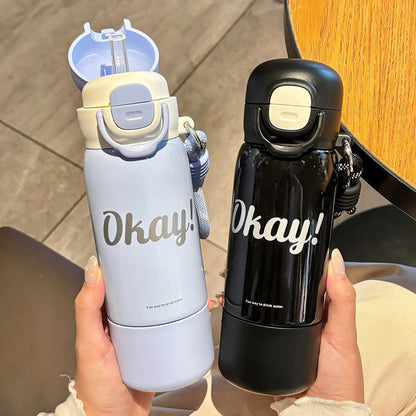 Minimalist Silk-Screen Thermos Cup – Double-Drink Insulated Mug with Rope & Lock Design
