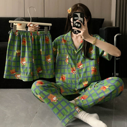 Crayon Shin-chan Pajama Set — Plus Size Lace Doll Collar Three-Piece Loungewear | Short Sleeve Top + Shorts + Long Pants Soft Cloud Cotton Sleepwear for Women & Men Spring Summer 2025