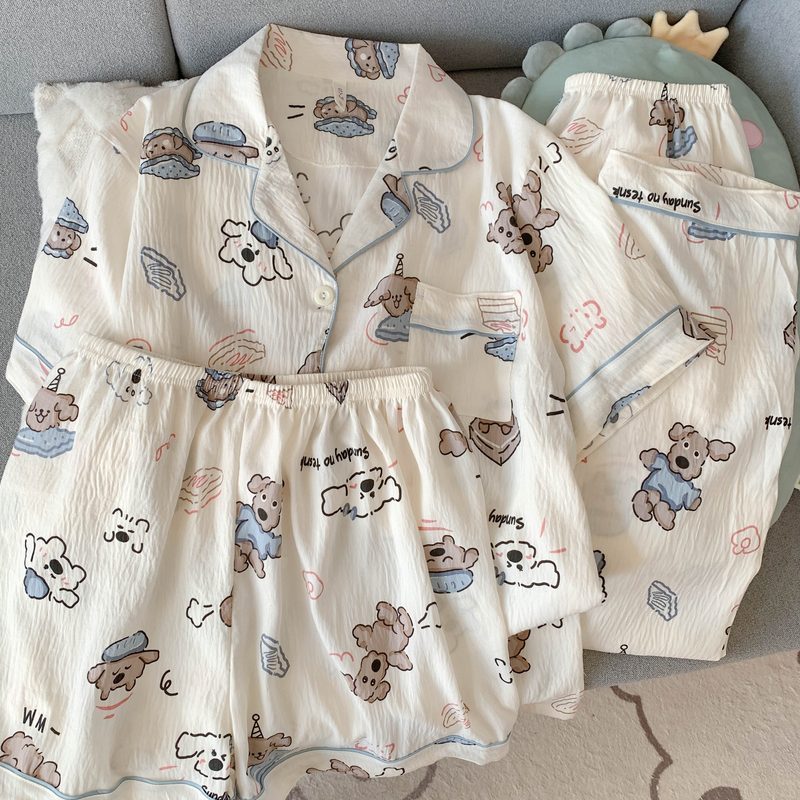 Crayon Shin-chan Pajama Set — Plus Size Lace Doll Collar Three-Piece Loungewear | Short Sleeve Top + Shorts + Long Pants Soft Cloud Cotton Sleepwear for Women & Men Spring Summer 2025