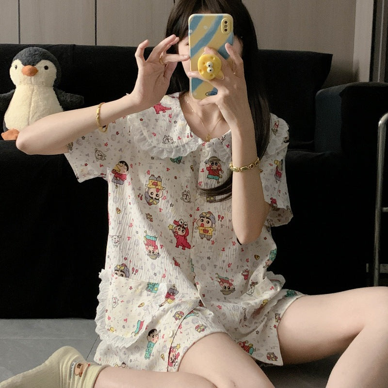 Crayon Shin-chan Pajama Set — Plus Size Lace Doll Collar Three-Piece Loungewear | Short Sleeve Top + Shorts + Long Pants Soft Cloud Cotton Sleepwear for Women & Men Spring Summer 2025