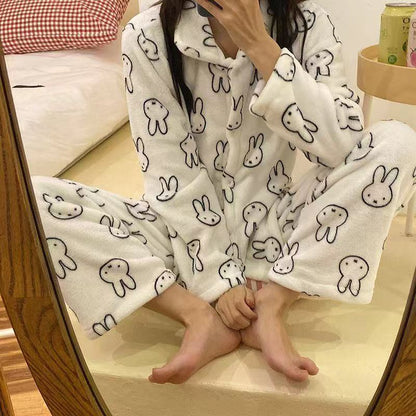 Sanrio Cinnamon Dog Coral Velvet Pajama Set for Women — Plush Flannel Warm Loungewear with Lapel Cardigan and Long Pants, Thickened Autumn Winter Homewear Set